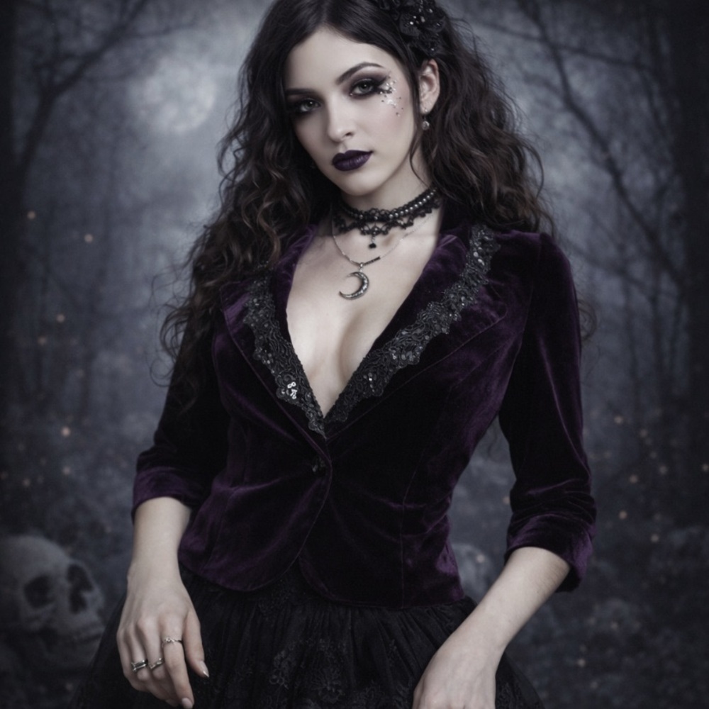 Wanko Purple Velvet Whimsigoth Witchy Sequin Embellished Blazer Jacket Size M